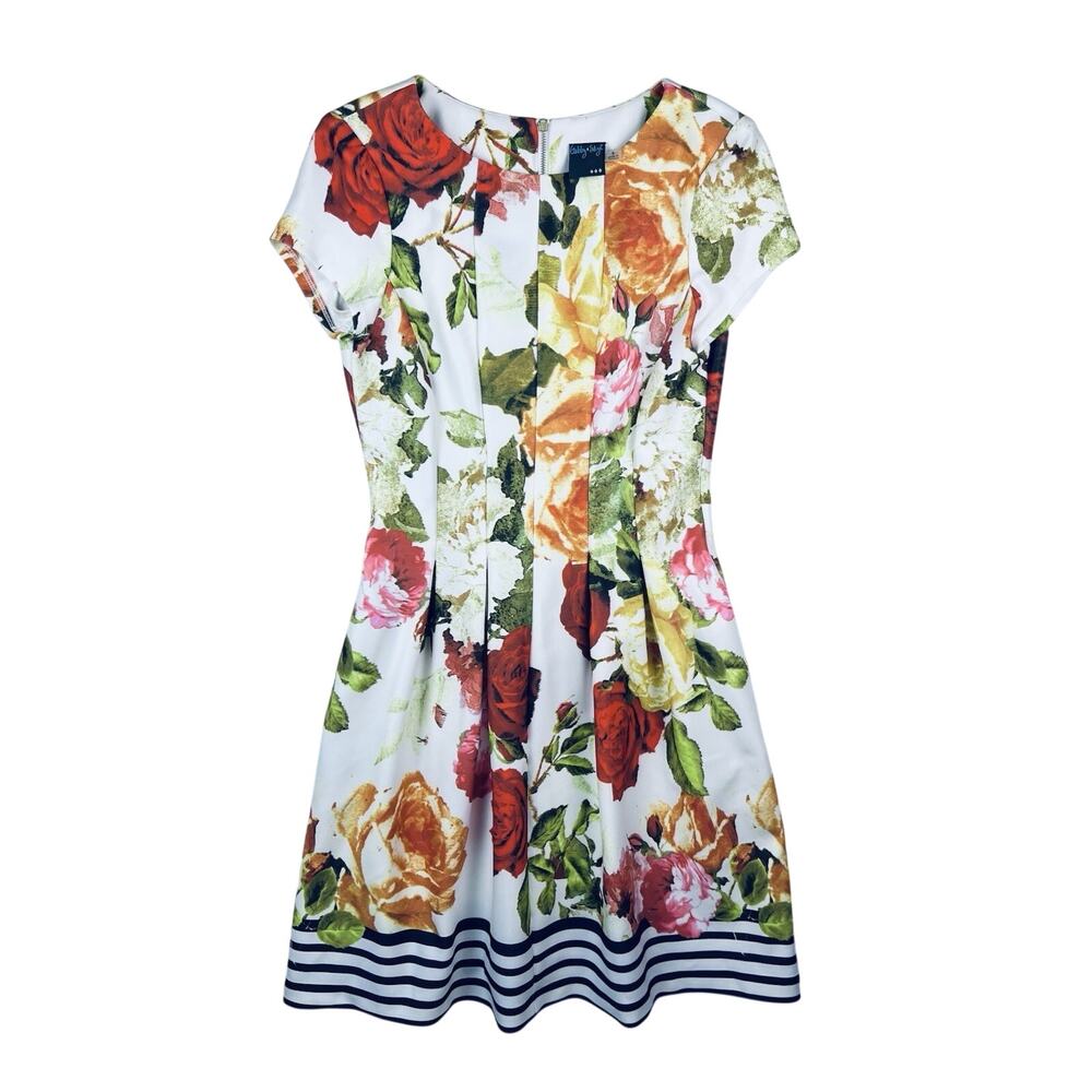 Gabby Skye White Floral Rose Print Fit & Flare Cap Sleeve Back Zip Dress Size 6